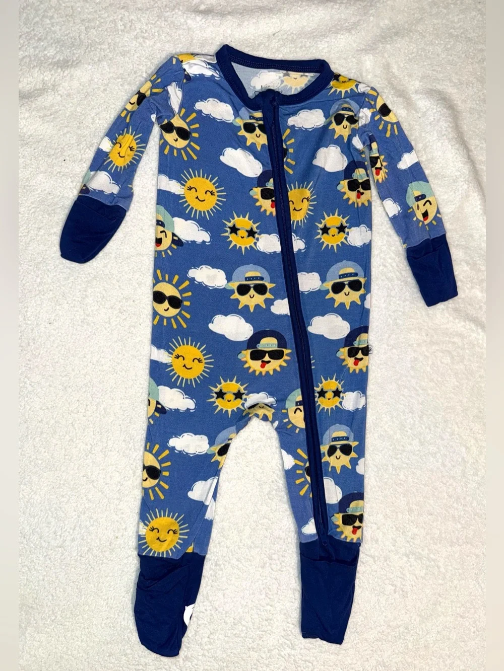 Birdie Bean sunshine and clouds blue Bambi viscose zippy, size 0-3 mos